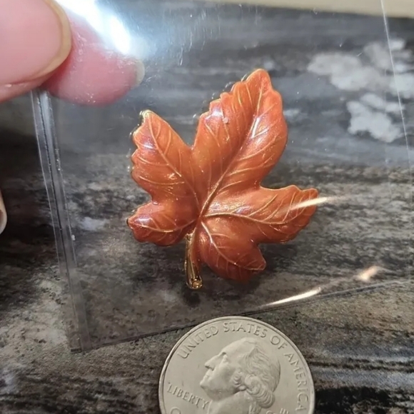 Vintage Hand Painted Enamel on Gold Tone Maple Leaf Brooch Pin Marked “KC” - Picture 1 of 4